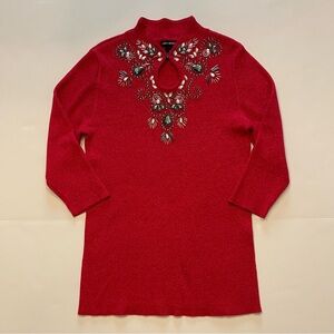 Lauren Michelle Red Metallic Beaded Rhinestone Keyhole Neck Holiday Sweater Top
